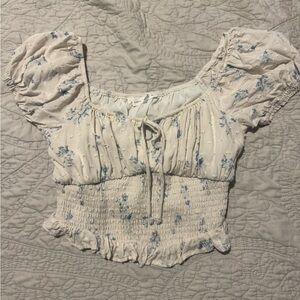 Altar'd State Cream and Blue Smocked Tie Front Crop Top